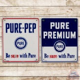 Group of 2 Pure Gasoline Pump Plate Signs w/ Logo Premium & Pure-Pep
