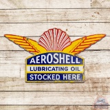 Aeroshell Lubricating Oil Stocked Here Die Cut Double Sided Porcelain Aviation Sign w/ Wings