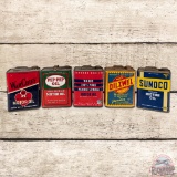 Group of 5 Metal Two Gallon Oil Cans War Chief Sunoco Pep-Pep Wards Oilzwel
