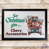 For Christmas Give Chevy Accessories Framed Dealer Advertising Poster Sign w/ Santa & Reindeer