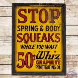 Whiz Graphite Oil Stop Squeaks 50 Cents Single Sided Tin Sign w/ Wooden Frame