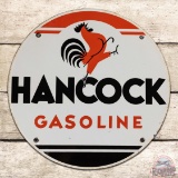 Incredible Hancock Gasoline Single Sided Porcelain Pump Plate Sign w/ Rooster