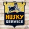 Iconic 1940s Husky Service Double Sided Porcelain Sign & Ring w/ Dog