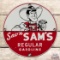 Sav'n Sams Regular Gasoline Single Sided Tin Pump Plate Sign w/ Cowboy