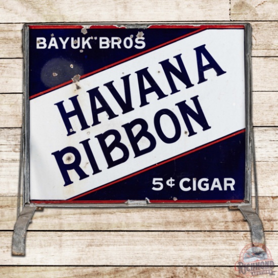 Bayuk Bros Havana Ribbon 5 Cent Cigars Double Sided Porcelain Curb Sign