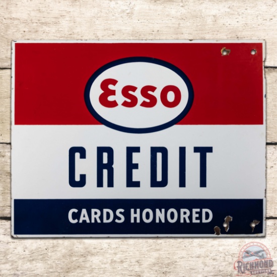Esso Credit Cards Honored Double Sided Porcelain Sign w/ Logo