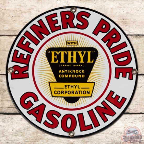 Outstanding Refiners Pride Ethyl Gasoline Single Sided Porcelain Pump Plate Sign w/ Logo