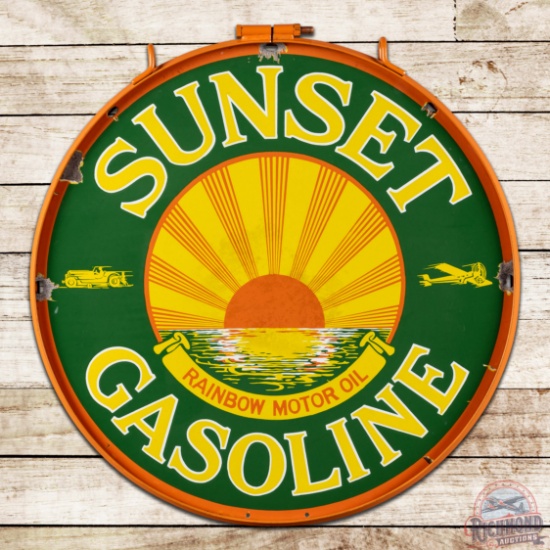 Sunset Rainbow Motor Oil Gasoline 30" Double Sided Porcelain Sign w/ Ring