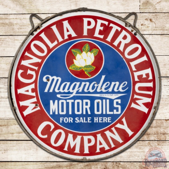 Magnolia Petroleum Company Motor Oils 30" Double Sided Porcelain Sign w/ Ring "Single Flower Logo"