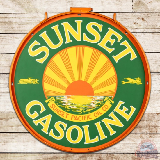Sunset Pacific Oil Co. Gasoline 30" Double Sided Porcelain Sign w/ Ring