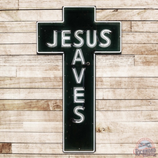 Jesus Saves 7.5' Die Cut Cross Shaped Single Sided Tin Neon