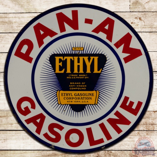 Rare 30" Pan Am Gasoline Ethyl Double Sided Porcelain Lollipop Sign w/ pole and base
