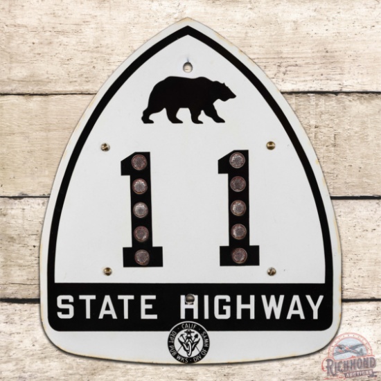 Amazing California Highway #11 Single Sided Porcelain State Route Marker Sign w/ Bear & Reflectors