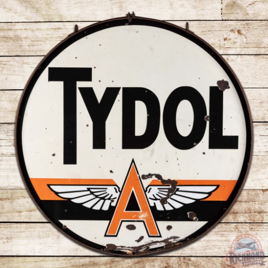 Tydol Flying A Gasoline 48" Double Sided Porcelain ID Sign w/ Logo & Ring