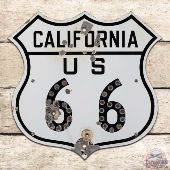 Rare California US Route 66 Single Sided Porcelain Die Cut Sign w/ Reflectors