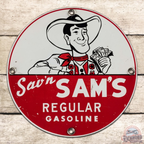 Sav'n Sams Regular Gasoline Single Sided Tin Pump Plate Sign w/ Cowboy