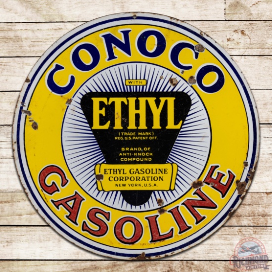 Conoco Ethyl Gasoline 26" Double Sided Porcelain Sign w/ Logo