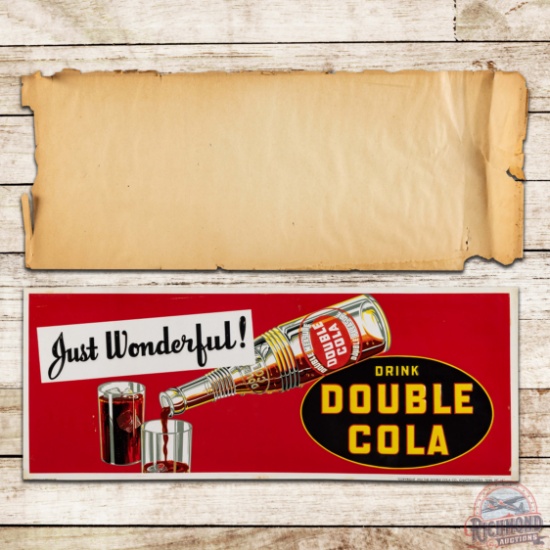 Amazing NOS Drink Double Cola "Just Wonderful!" Emb Single Sided Tin Sign w/ Glass & Bottle w/ Paper