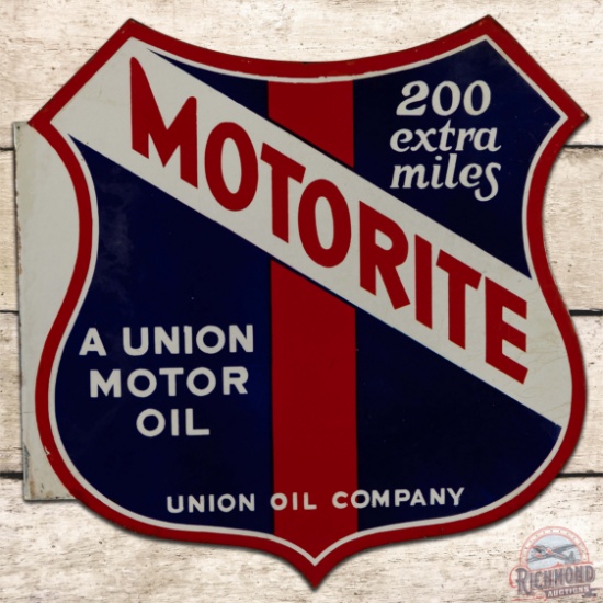 Motorite Union Oil Company Die Cut Double Sided Porcelain Flange Sign