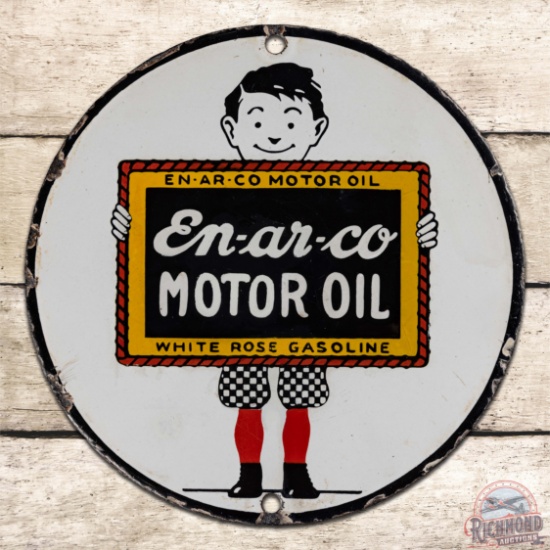 En-ar-Co Motor Oil White Rose Gasoline Single Sided Porcelain Lubester Sign w/ Boy & Slate