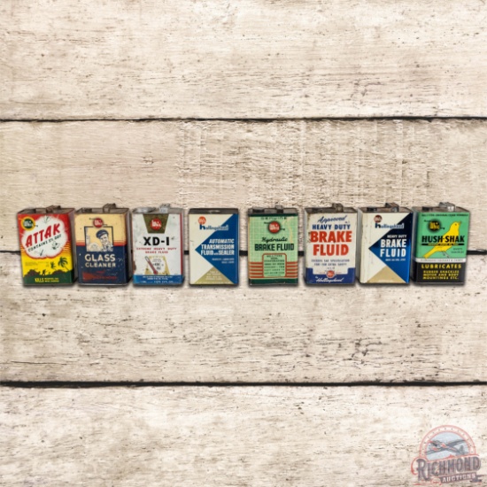 Group of 8 Whiz Automotive Themed Advertising Gallon Cans Fly Attak w/ Tanks Hush-Shak