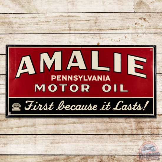 1946 Amalie Pennsylvania Motor Oil " First Because it Lasts!" 6' Emb. Single Sided Tin Sign