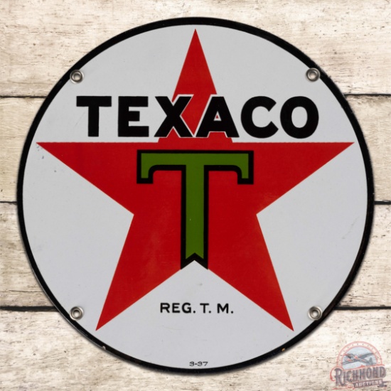 Excellent 1937 Texaco 10" Single Sided Porcelain Logo Sign "Black T"