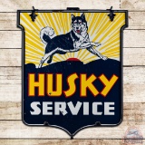 Iconic 1940s Husky Service Double Sided Porcelain Sign & Ring w/ Dog