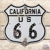 Rare California US Route 66 Single Sided Porcelain Die Cut Sign w/ Reflectors