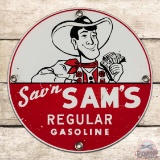 Sav'n Sams Regular Gasoline Single Sided Tin Pump Plate Sign w/ Cowboy