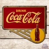 Drink Coca Cola Double Sided Tin Flange Sign w/ Bottle in Sun Logo