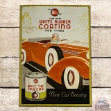 Amazing Whiz White Rubber Tire Coating Single Sided Tin Sign w/ Automobile & Lady