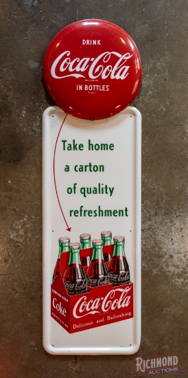 Drink Coca-Cola "Take Home a Carton" Single Sided Tin Pilaster Sign w/ 6 Pack & Button