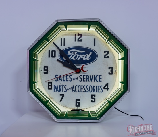 Ford Sales & Service Octagon Neon Advertising Clock "Green"