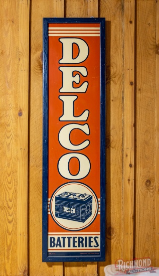 1942 Delco Batteries Vertical 6' Single Sided Masonite Sign War Time
