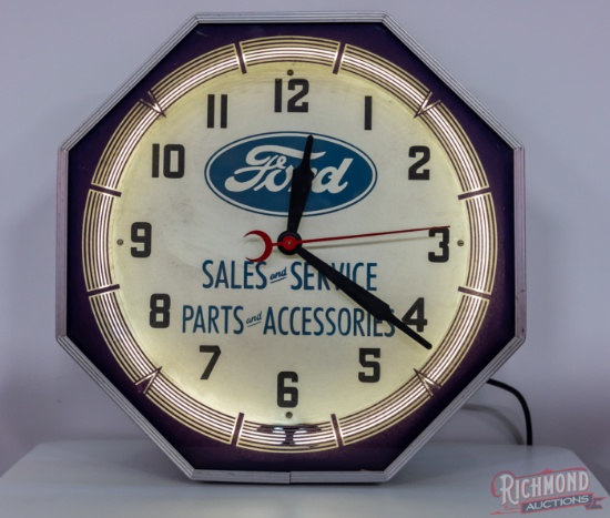 Ford Sales & Service Parts Accessories Octagon Neon Clock