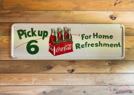 1954 Coca-Cola "Pick up 6 For Home Refreshment" Single Sided Tin Sign w/ 6 Pack