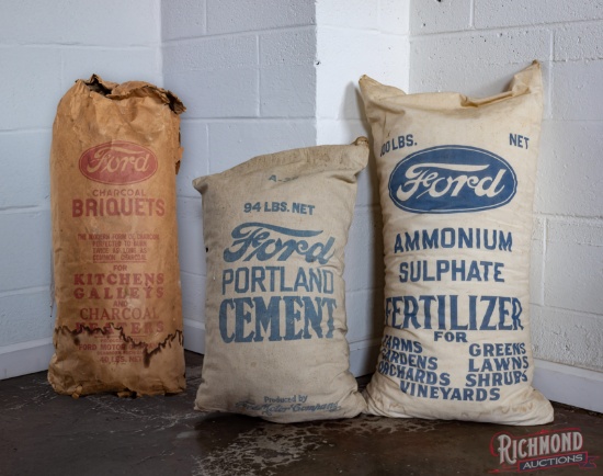 Group of 3 Ford Advertising Bags Portland Cement Fertilizer & Charcoal Briquets