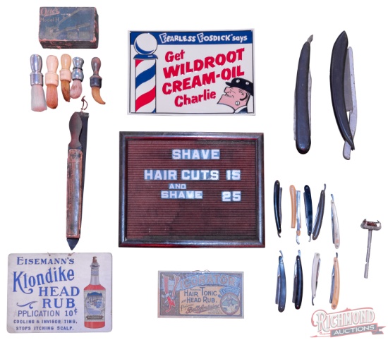 Barber Shop Group w/ Razors, Brushes, Straps & Signs