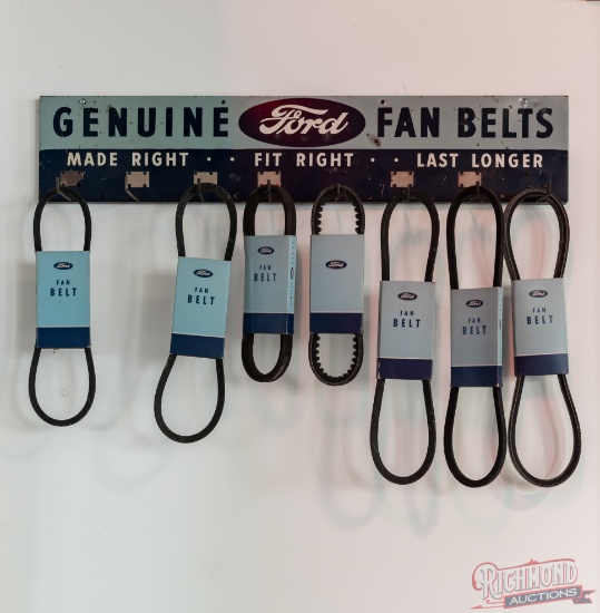 Genuine Ford Fan Belts Single Sided Tin Advertising Rack w/ Belts