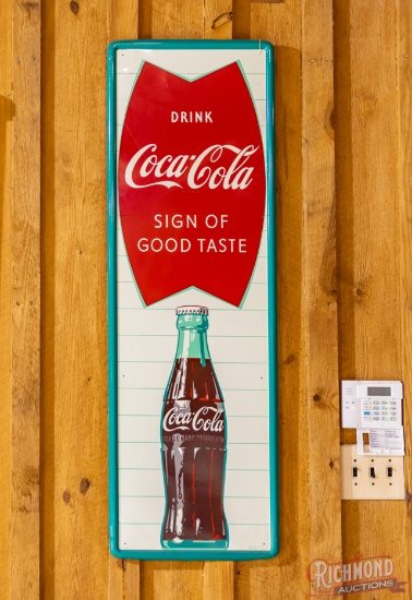 1960 Drink Coca-Cola "Sign Of Good Taste" Single Sided Tin Vertical Sign With Fishtail