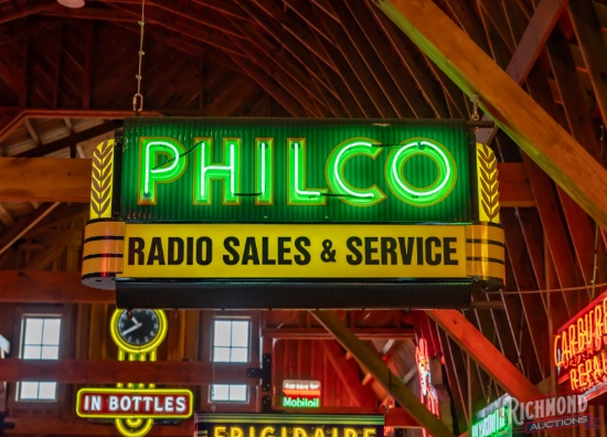 Superb Philco Radio Sales & Service Double Sided Porcelain Factory Neon Sign