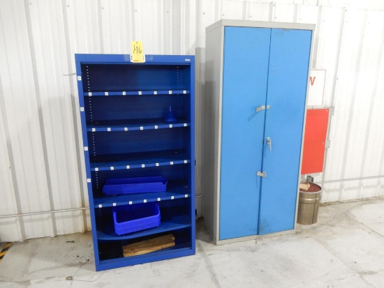 LOT W/BLUE SHELF, BLUE 2-DOOR CABINET
