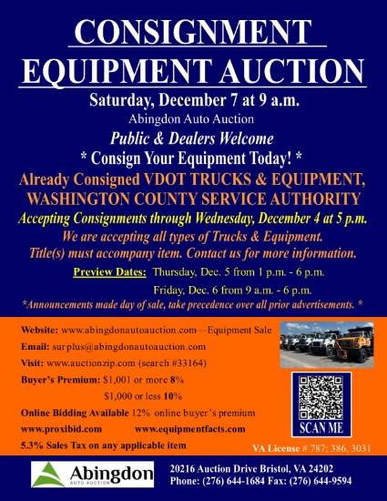 Equipment Auction, Saturday, December 7 at 9 a.m.