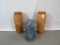 2 WOODEN & 1 CERAMIC OR CLAY VASES