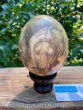 Beautiful, Ostrich Egg , on wooden stand, with Elephants painted on it 8 1/2 inches tall x 5 inches