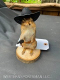 CUTE little COWBOY Chipmunk, with pistol, & cowboy hat. on a wood base 6