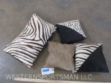 3 Stenciled Cowhide and 1 Wildebeest Hide Pillows