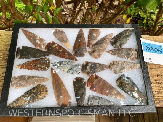 20, Beautiful, colored Arrow heads, in a glass display 12 1/4 inches long x 8 1/4 inches wide non Ta