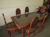 Beautifully Carved Big 5 Dining Room Table w/Glass Top & 6 Chairs FURNITURE DECOR